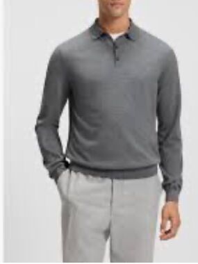 Christian Lacroix Merino Wool Polo Long Sleeve Sweater in Mid Heathered Grey L